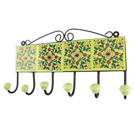 Forest Green Leaf Flower Ceramic Tile Hook in Pea Green Base